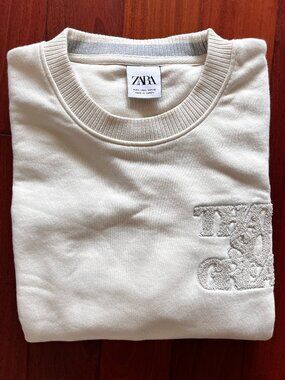 Zara Cream Crewneck Sweatshirt M Minimal Logo